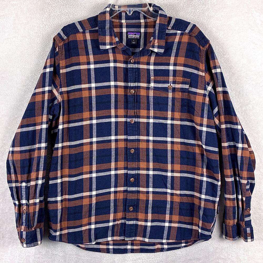 Patagonia Shirt Mens L Blue Orange Plaid Fjord Flannel Outdoor Preppy Grunge